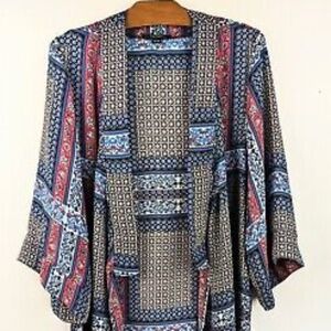 Tahari Blue Red Boho Kimono Wrap Duster Small Medium